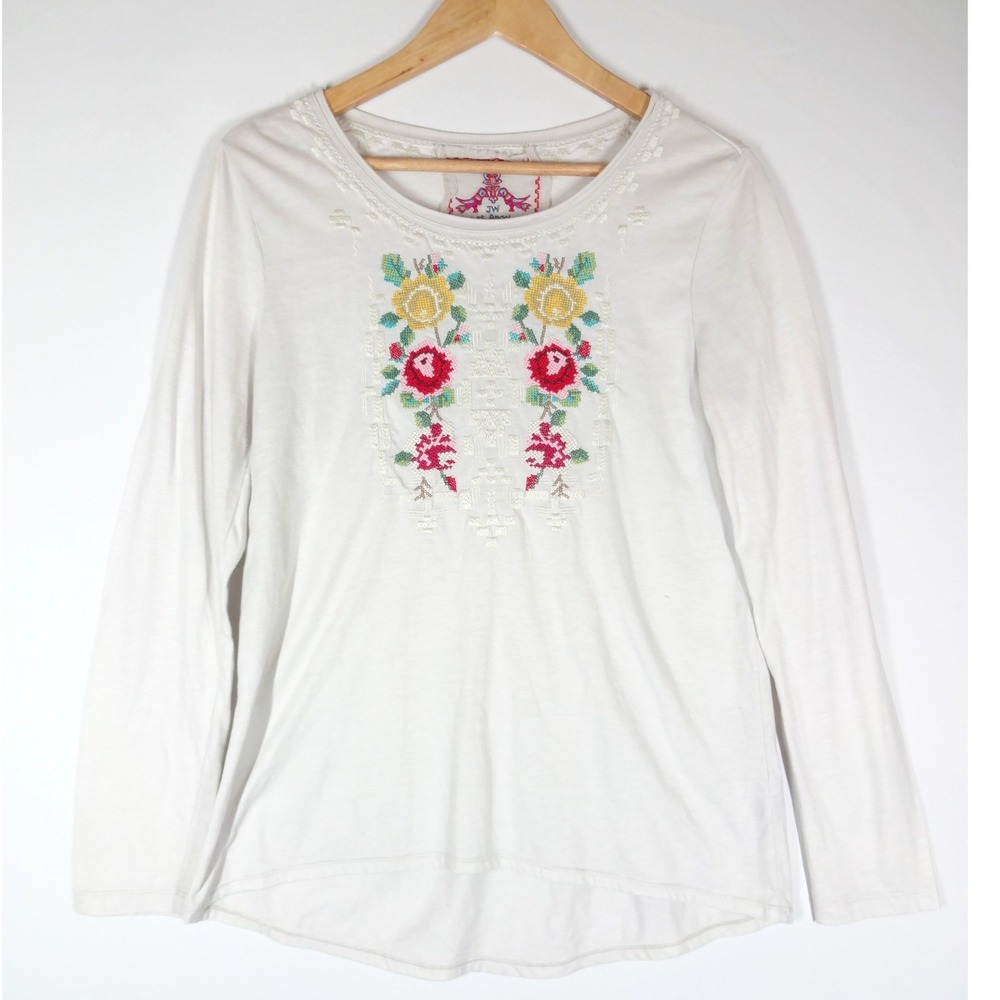 Johnny Was JW Los Angeles Top Women Small White Embroidered Floral Boho